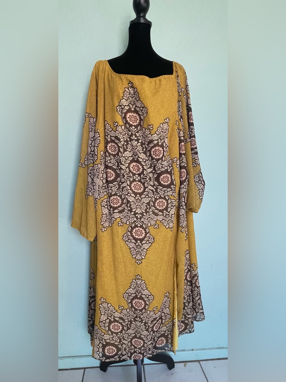 Mustard Yellow Boho Maxi Dress with Brown Medallion Print